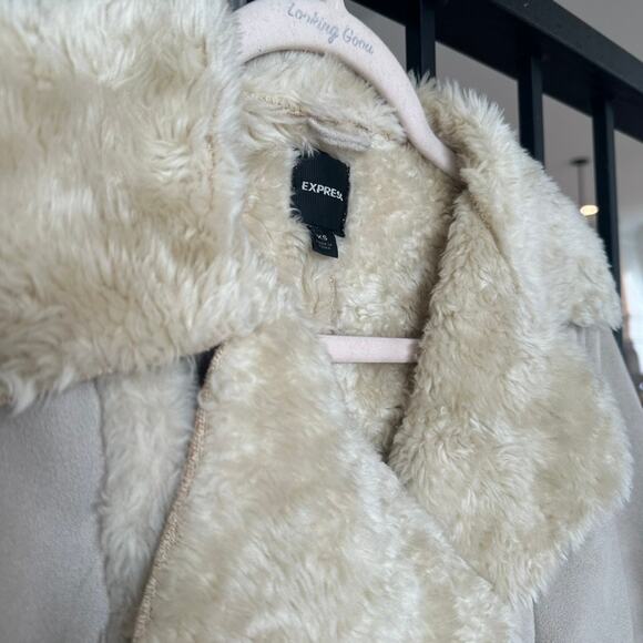 Express-Shearling Moto Jacket-Tan Faux Suede/Fur-XS-Cozy Winter Outerwear - Picture 2 of 6